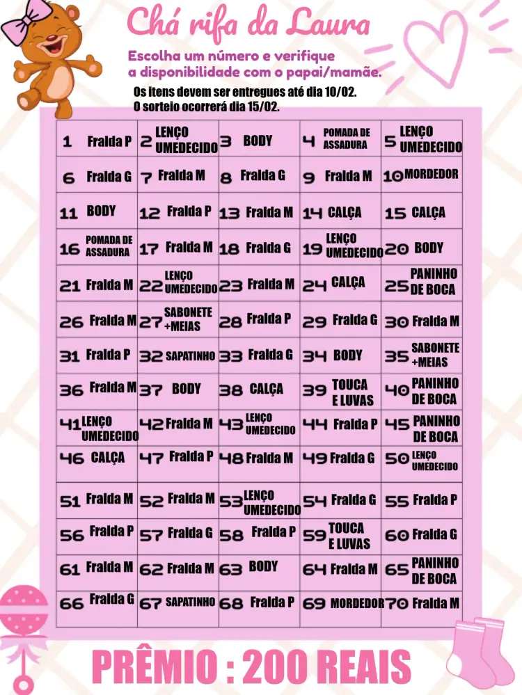 Convite Chá Rifa Ursinha Marrom – tema Chá Rifa ursinha, marrom, rosa, branco, moderno, delicado