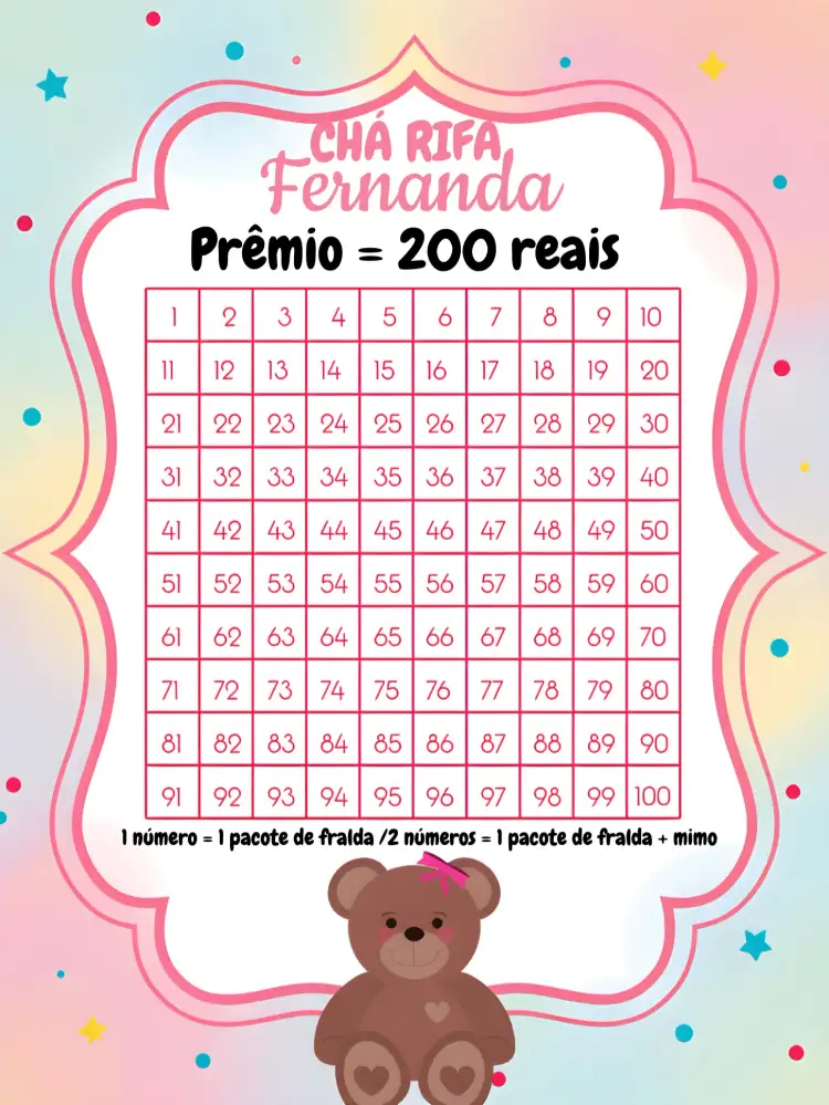 Convite Chá Rifa Ursinha Cartela – tema Chá Rifa rosa, branco, marrom, preto, fofo, moderno