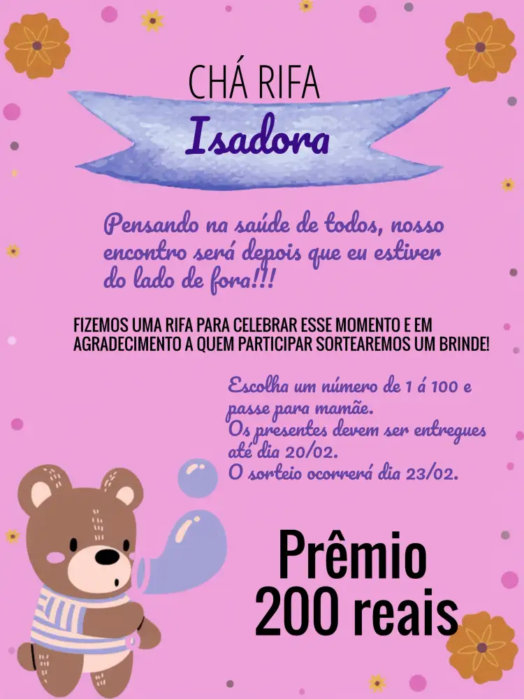 Convite Chá Rifa Ursinha Ursos – tema Chá Rifa lilás, rosa, azul, marrom, divertido, infantil