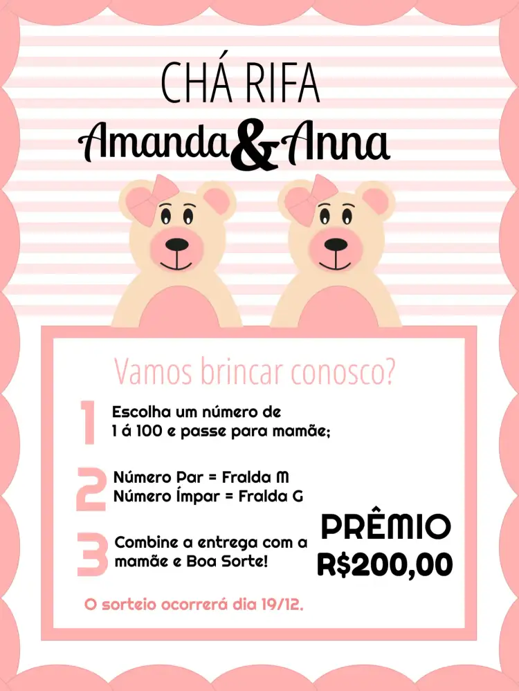Convite Chá Rifa Ursinhas Gêmeas Cha – tema Chá Rifa rosa e branco, ursinhas fofas, estilo infantil, mimoso, divertido, delicado