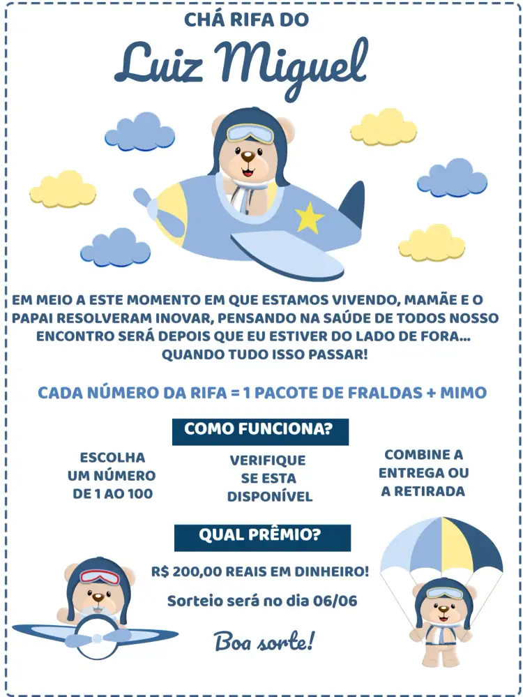 Convite Chá Rifa Ursinho Aviador Baloeiro – tema Chá Rifa azul, amarelo, marinho, balões, ursinho, aviador