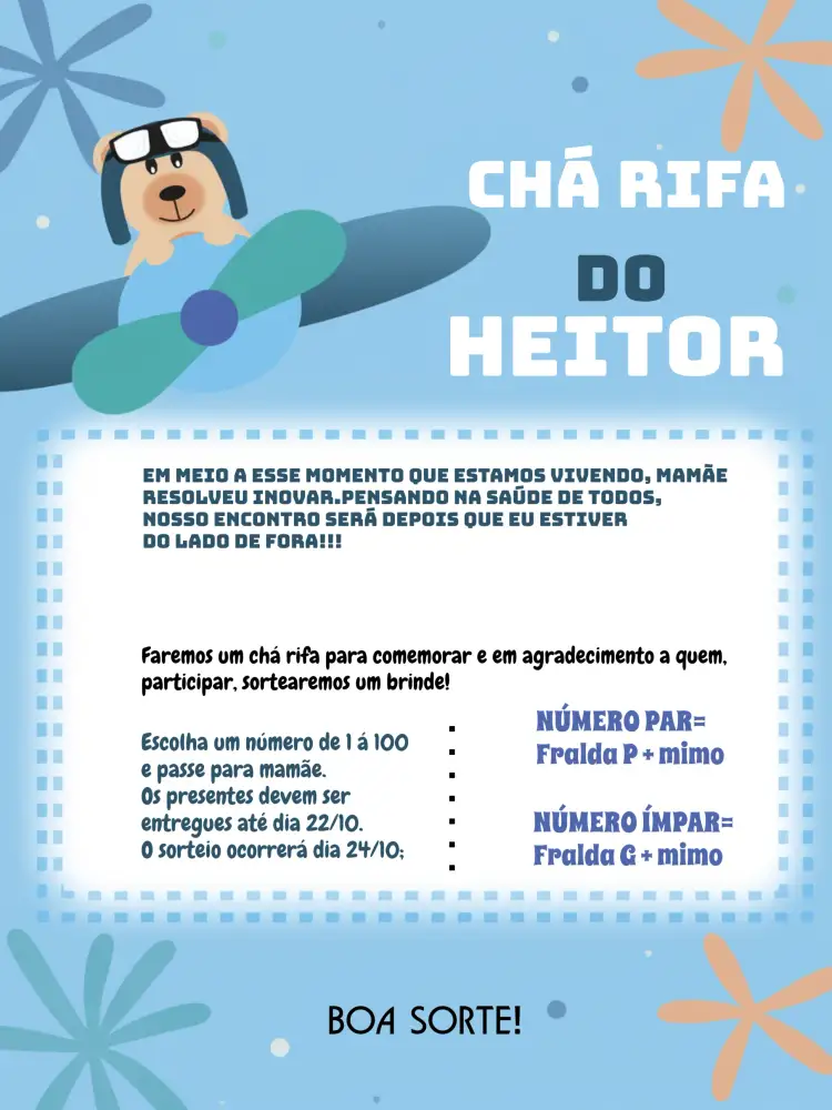 Convite Chá Rifa Ursinho Aviador Roxobranco – tema Chá Rifa lúdico, moderno, colorido, infantil, aviador