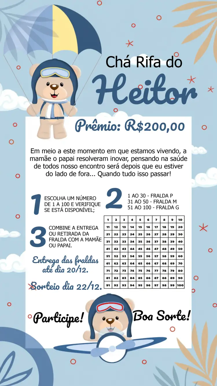 Convite Chá Rifa Ursinho Aviador 100 – tema Chá Rifa aviador, infantil, azul e branco, nuvens, balões, fofo
