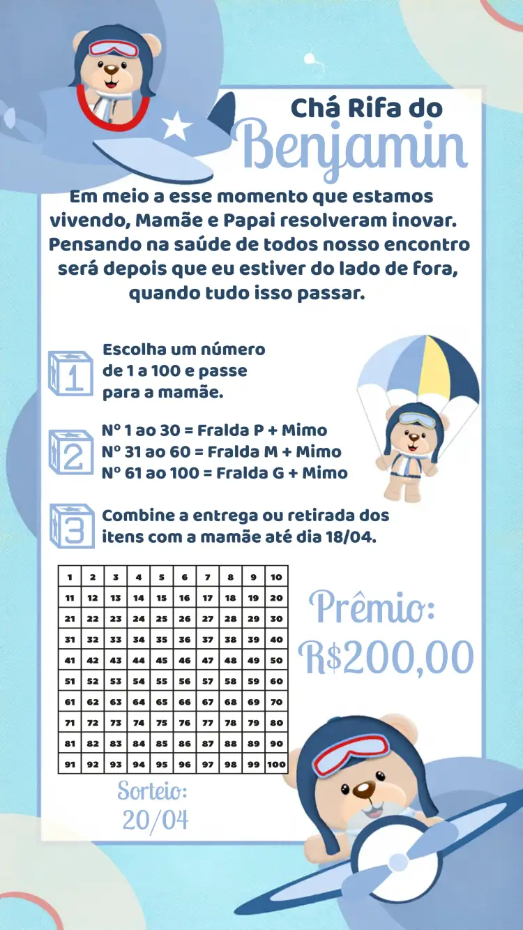 Convite Chá Rifa Ursinho Aviador Branco – tema Chá Rifa azul e amarelo, infantil, aéreo, fofo, moderno