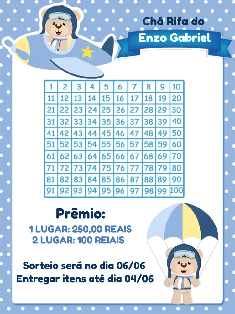 Convite Chá Rifa Ursinho Aviador Cha – tema Chá Rifa aviador, infantil, azul e amarelo, ursinho, divertido, moderno