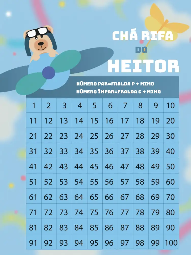 Convite Chá Rifa Ursinho Aviador Roxo – tema Chá Rifa lúdico, colorido, moderno, infantil, aéreo, fofo
