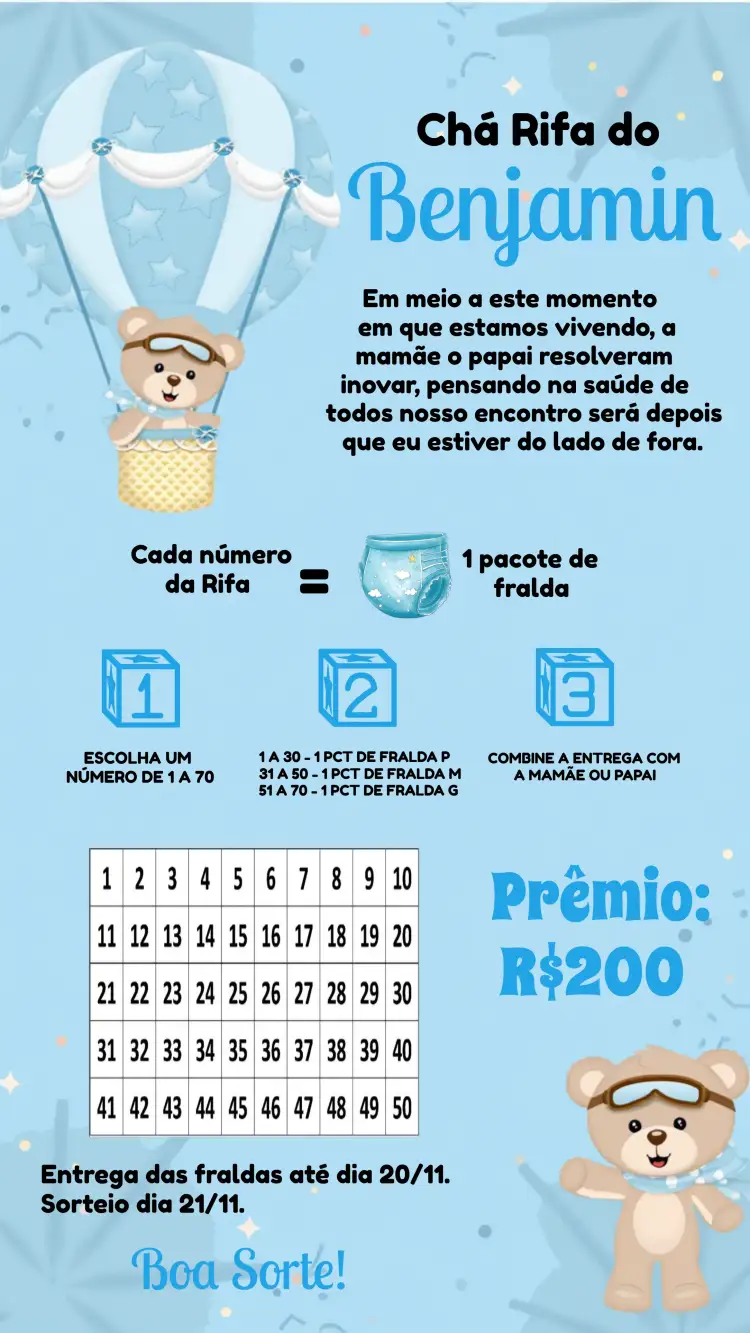 Convite Chá Rifa Ursinho Baloeiro Cha – tema Chá Rifa azul e branco, divertido, infantil, lúdico, carinhoso