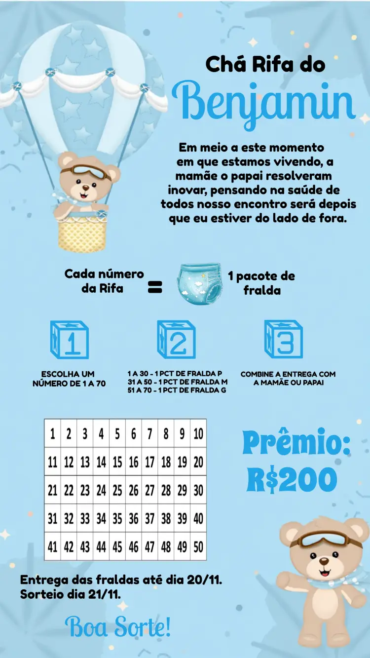 Convite Chá Rifa Ursinho Baloeiro Cha