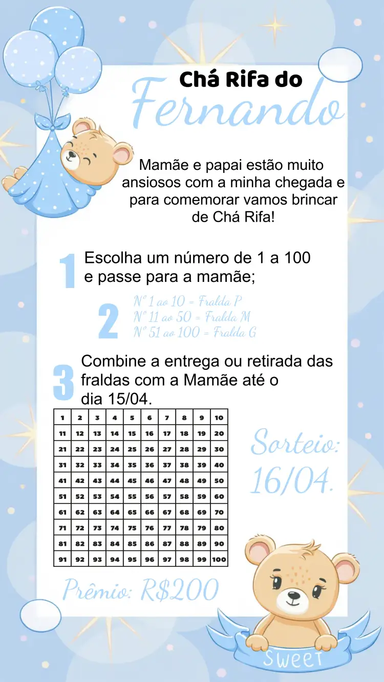 Convite Chá Rifa Ursinho Branco – tema Chá Rifa azul, branco, amarelo, ursinho, baloeiro, infantil