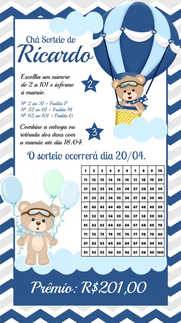 Convite Chá Rifa Ursinho Baloeiro Urso – tema Chá Rifa lúdico, azul marinho, branco, fofo, infantil, balões