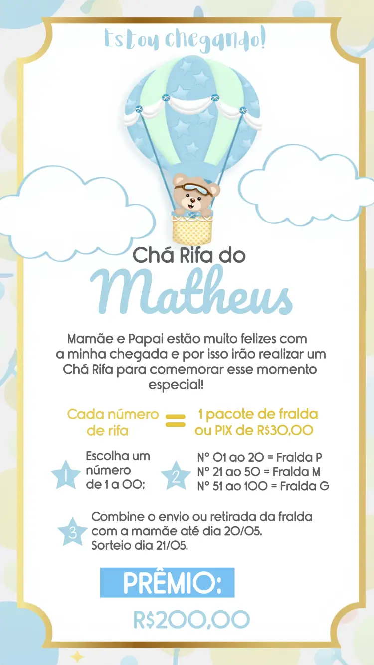 Convite Chá Rifa Ursinho Baloeiro Cha