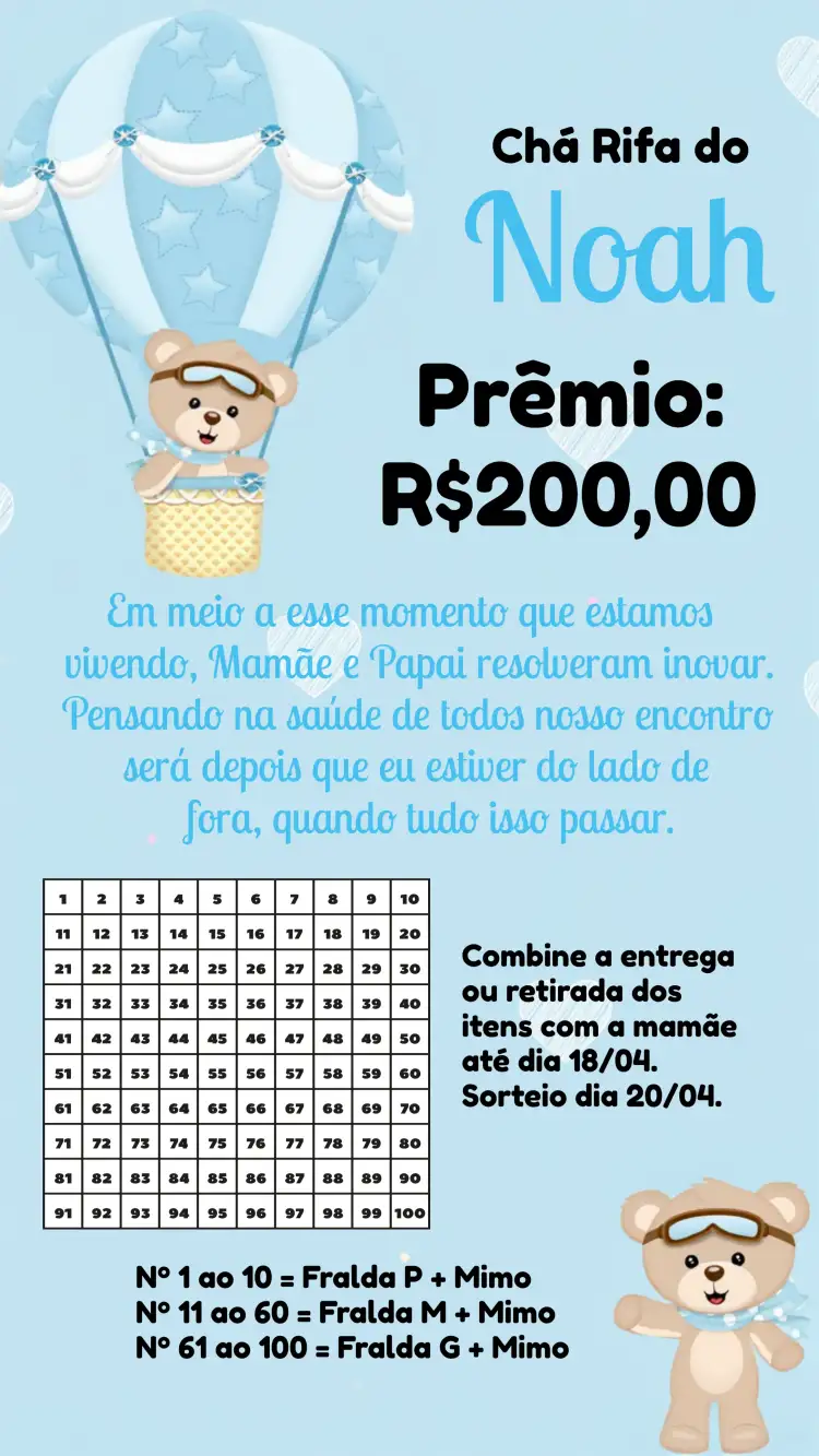 Convite Chá Rifa Ursinho Baloeiro Balão – tema Chá Rifa azul, branco, lúdico, infantil, fofo, celebração