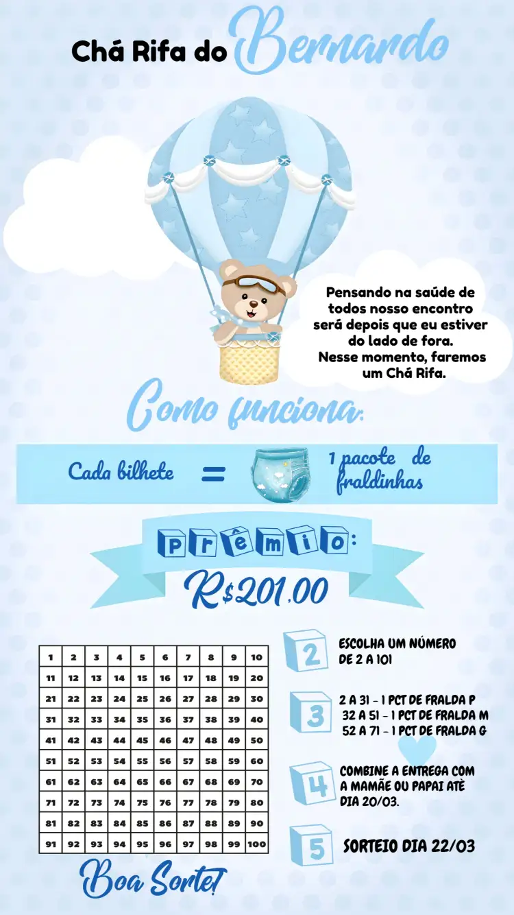 Convite Chá Rifa Ursinho Baloeiro Bebe – tema Chá Rifa azul, branco, lúdico, infantil, fofo, baloeiro