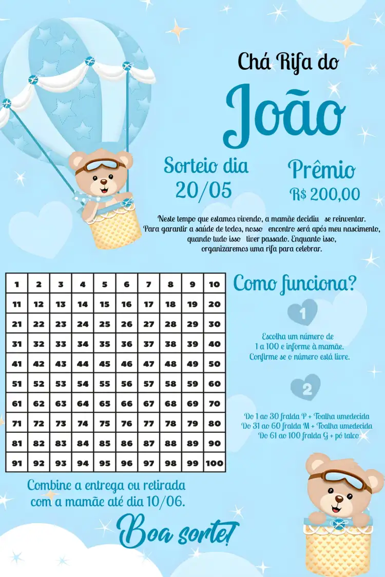 Chá Rifa Ursinho Baloeiro Cartela