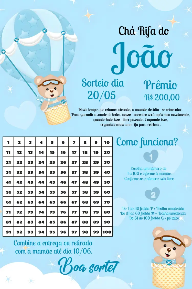 Convite Chá Rifa Ursinho Baloeiro Cartela
