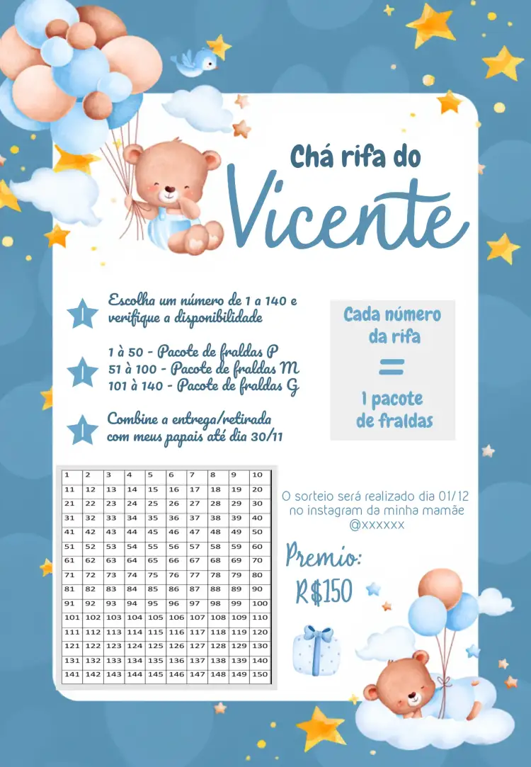 Convite Chá Rifa Ursinho Baloeiro Cha – tema Chá Rifa azul suave, ursinhos fofos, balões coloridos, estilo aviador, elementos infantis, tema divertido
