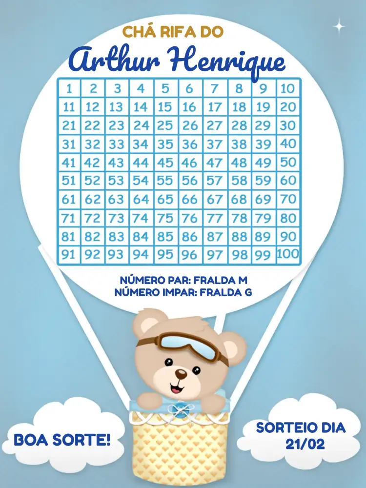 Convite Chá Rifa Ursinho Baloeiro Marrom – tema Chá Rifa marrom, ursinho, balões, divertido, infantil, colorido