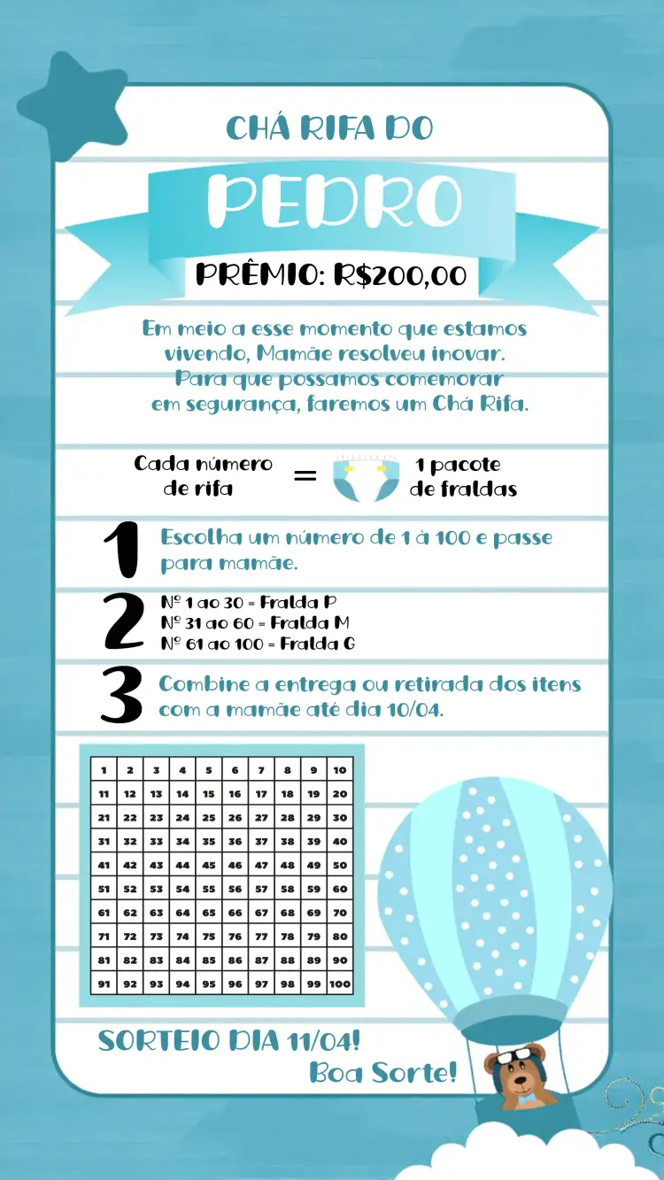 Convite Chá Rifa Ursinho Baloeiro Branco – tema Chá Rifa colorido, lúdico, infantil, divertido, moderno