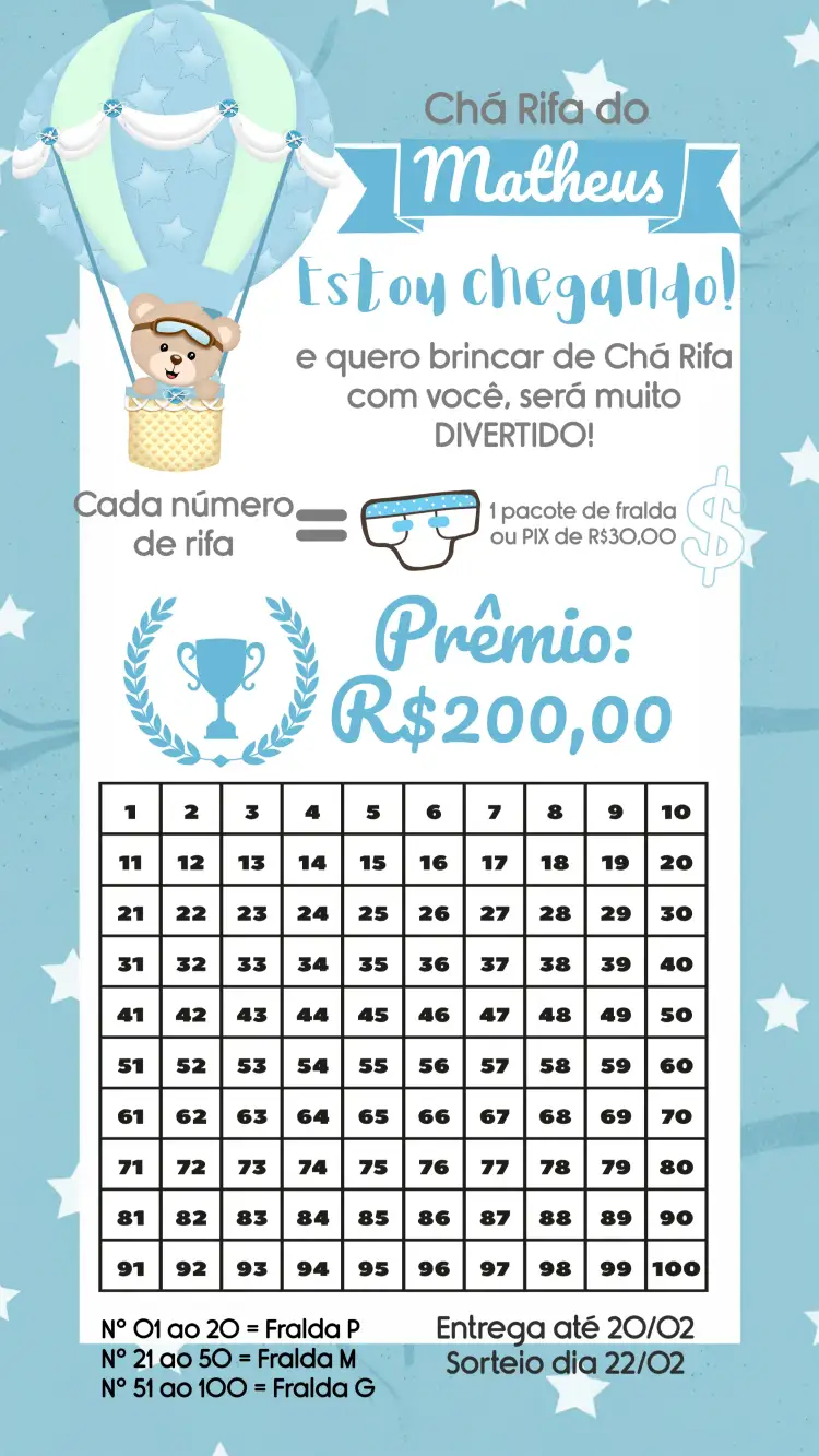 Convite Chá Rifa Ursinho Baloeiro Urso – tema Chá Rifa azul, branco, lúdico, infantil, divertido, moderno