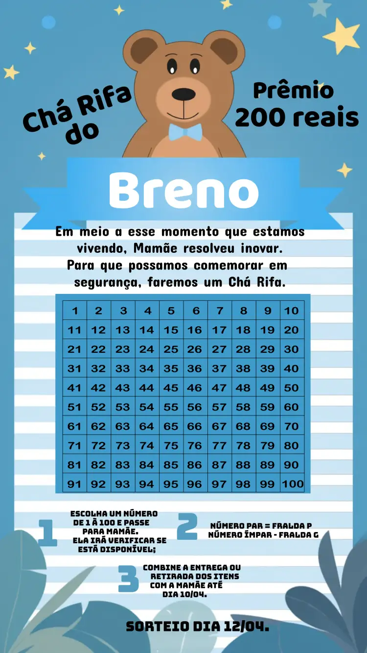 Convite Chá Rifa Ursinho Cha – tema Chá Rifa azul, branco, preto, fofo, divertido, infantil