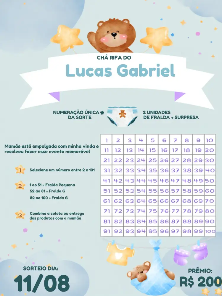 Convite Chá Rifa Ursinho Estrelinha – tema Chá Rifa lúdico, suave, fofo, estrelado, infantil, colorido