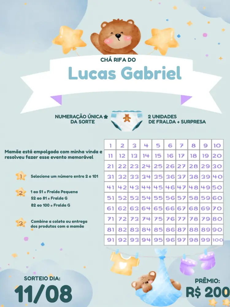 Convite Chá Rifa Ursinho Estrelinha