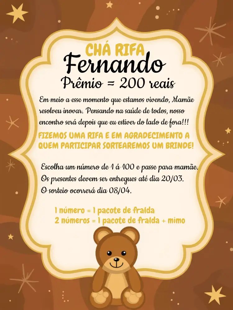Convite Chá Rifa Ursinho Cha – tema Chá Rifa dourado, branco, preto, moderno, fofo, minimalista