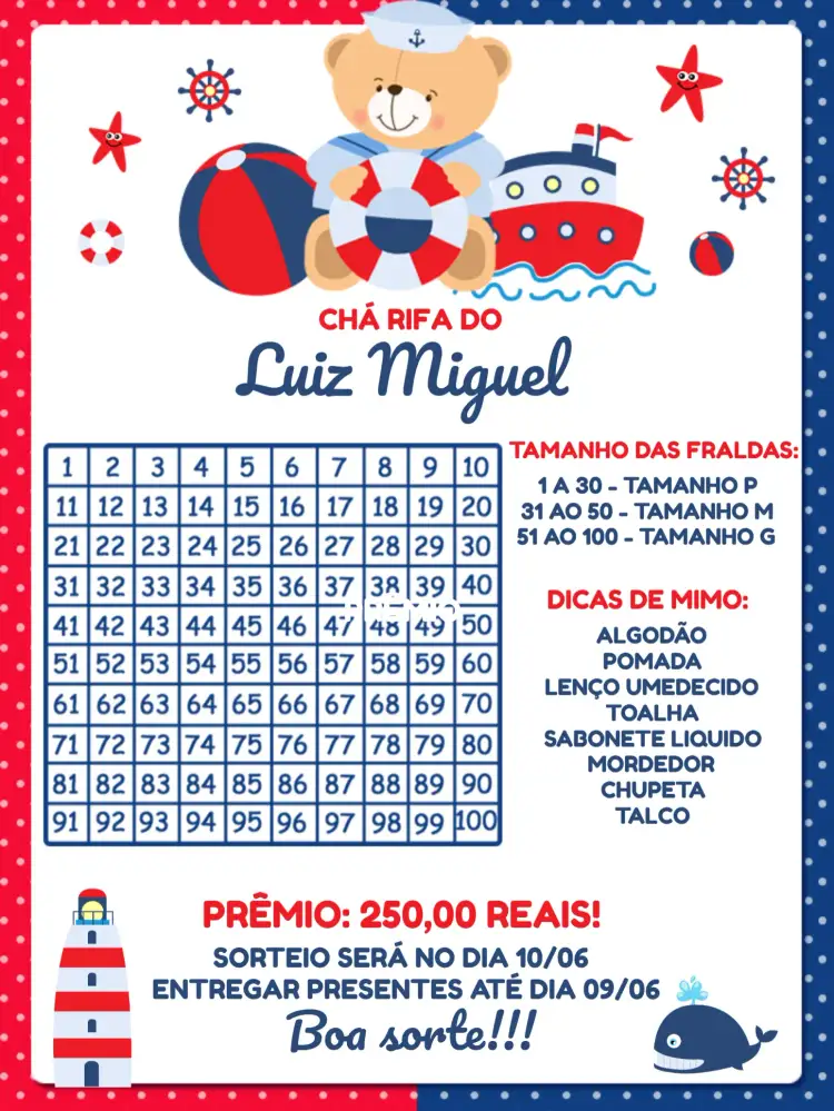 Convite Chá Rifa Ursinho Marinheiro Azul – tema Chá Rifa marinheiro, azul, infantil, fofo, colorido