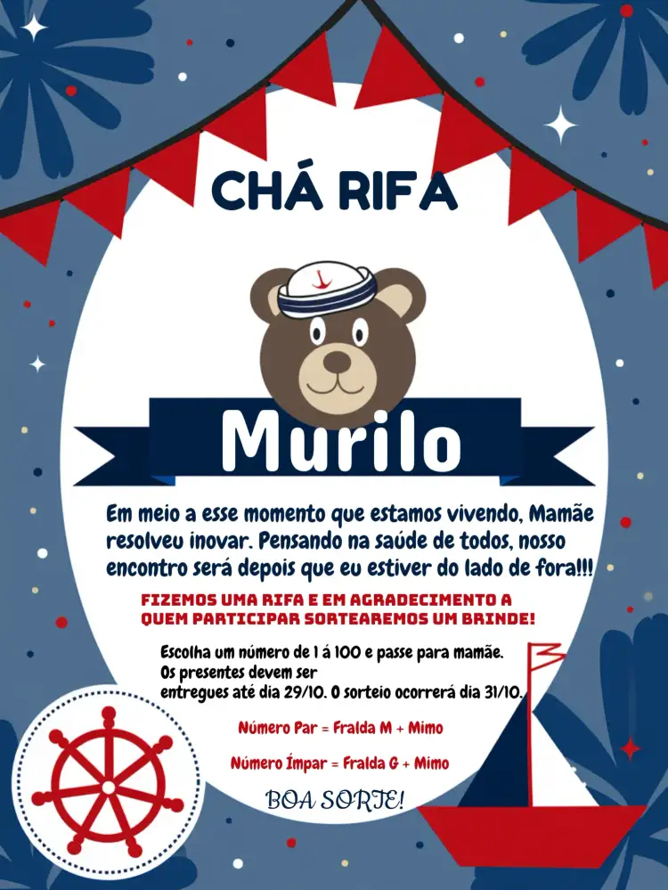 Convite Chá Rifa Ursinho Marinheiro Cha – tema Chá Rifa Náutico, Infantil, Marinheiro, Ursinho, Cores Vibrantes, Tema Azul e Branco