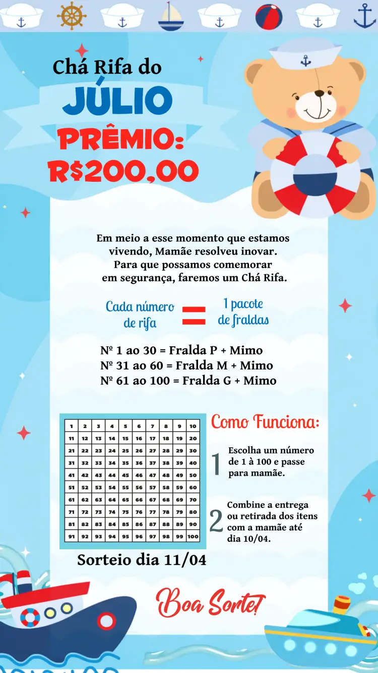 Convite Chá Rifa Ursinho Marinheiro Vermelho – tema Chá Rifa marinheiro, colorido, lúdico, infantil, nautico