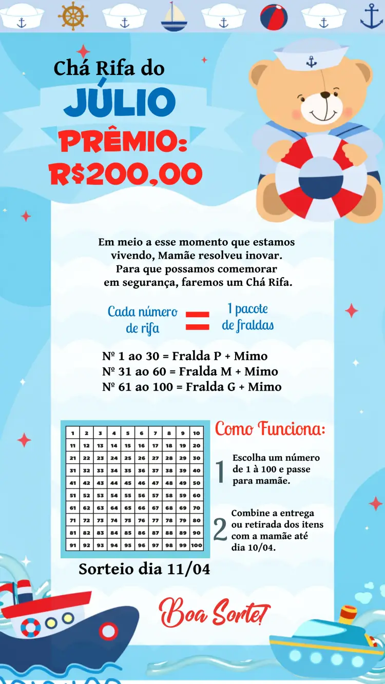 Convite Chá Rifa Ursinho Marinheiro Vermelho