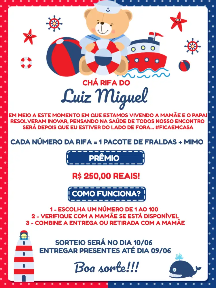 Convite Chá Rifa Ursinho Marinheiro Branco – tema Chá Rifa marinheiro, infantil, colorido, lúdico, branco e azul, divertido