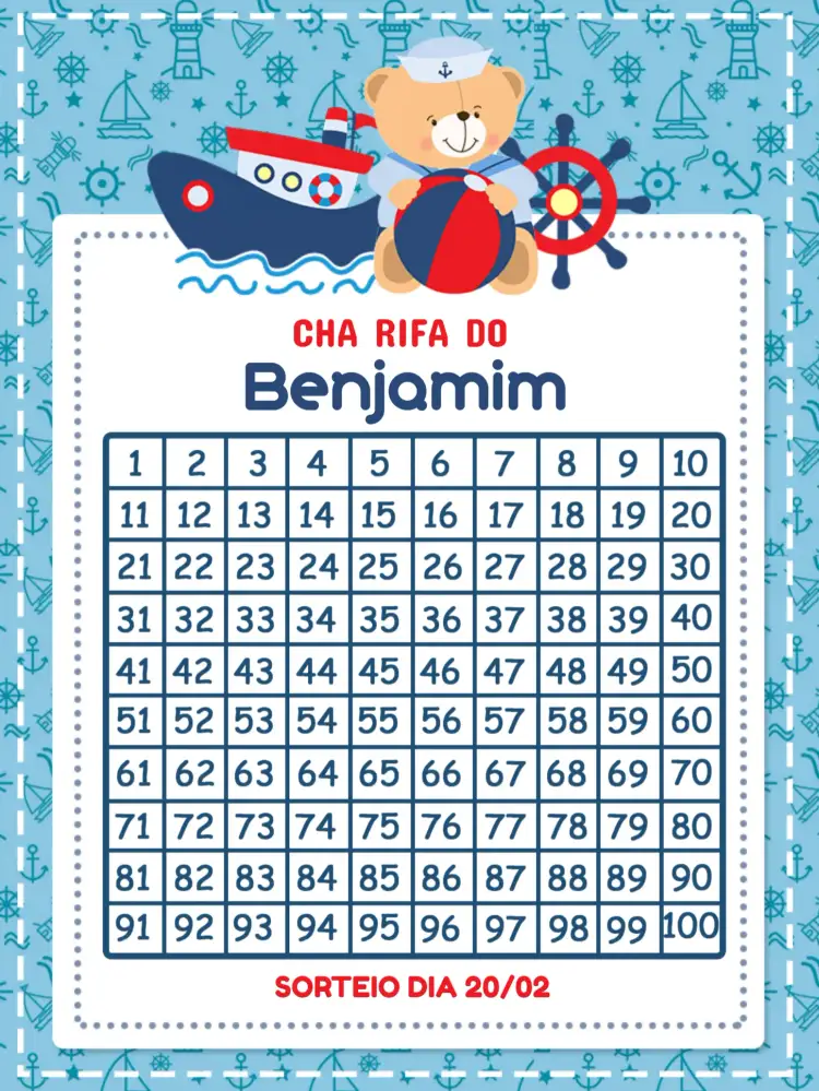 Convite Chá Rifa Ursinho Marinheiro Claro – tema Chá Rifa marinheiro, fofinho, azul claro, vermelho, branco