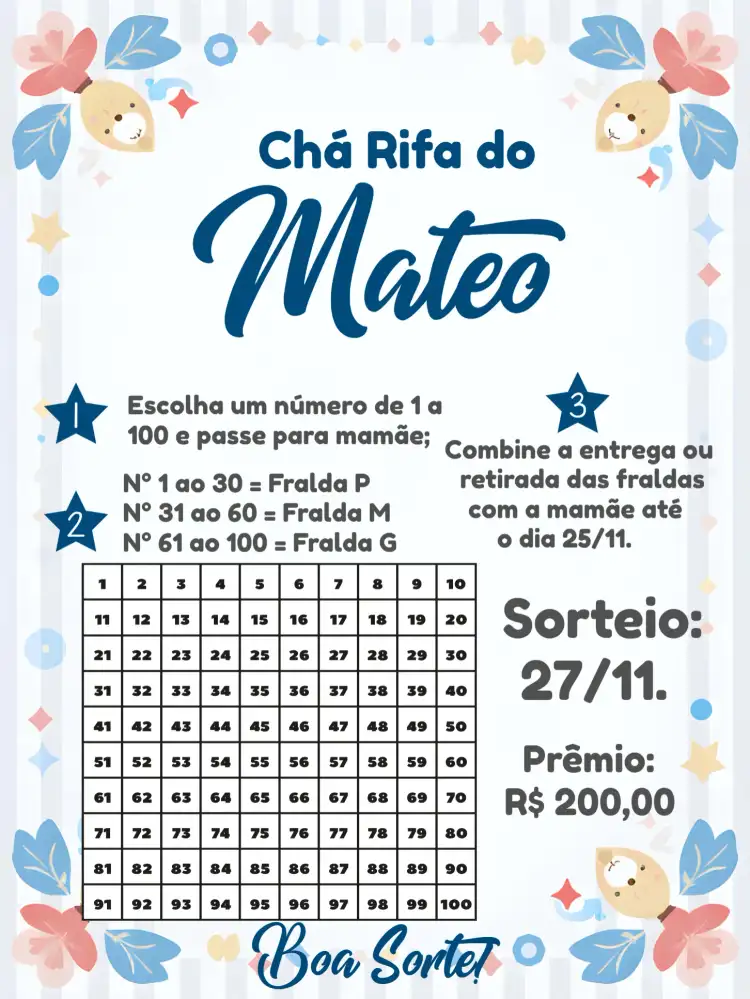 Chá Rifa Ursinho Marinheiro Cinza