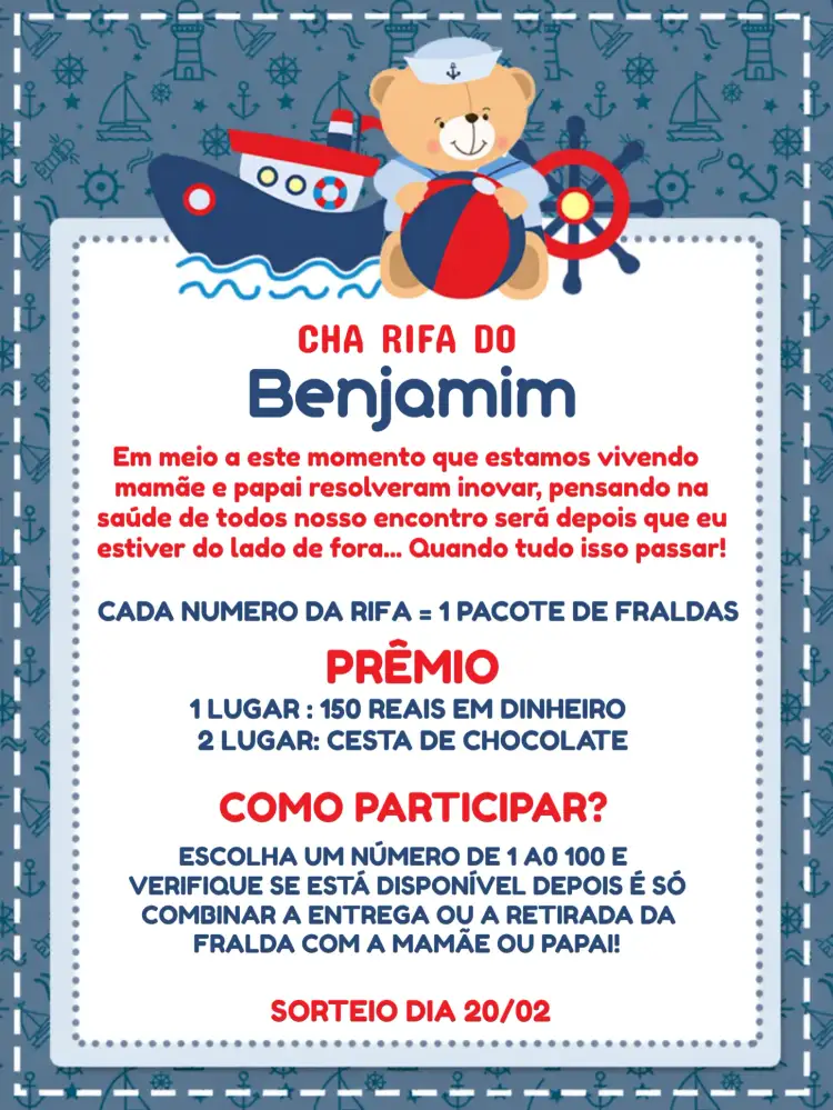 Convite Chá Rifa Ursinho Marinheiro Cha – tema Chá Rifa marinheiro, fofinho, naval, azul e vermelho, infantil, ilustração divertida