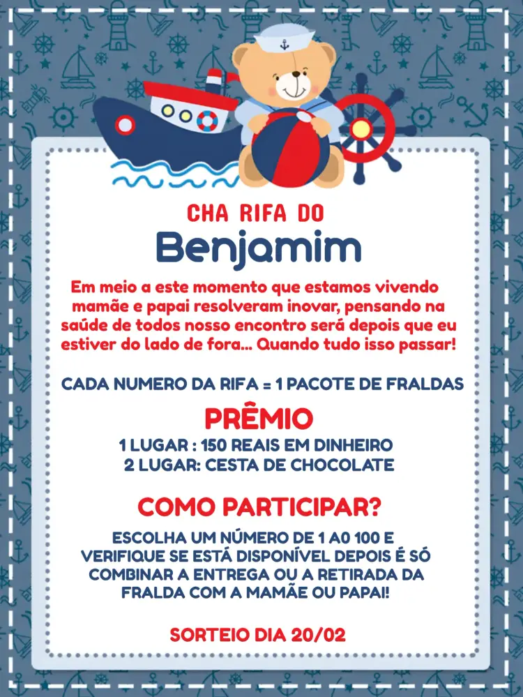 Convite Chá Rifa Ursinho Marinheiro Cha