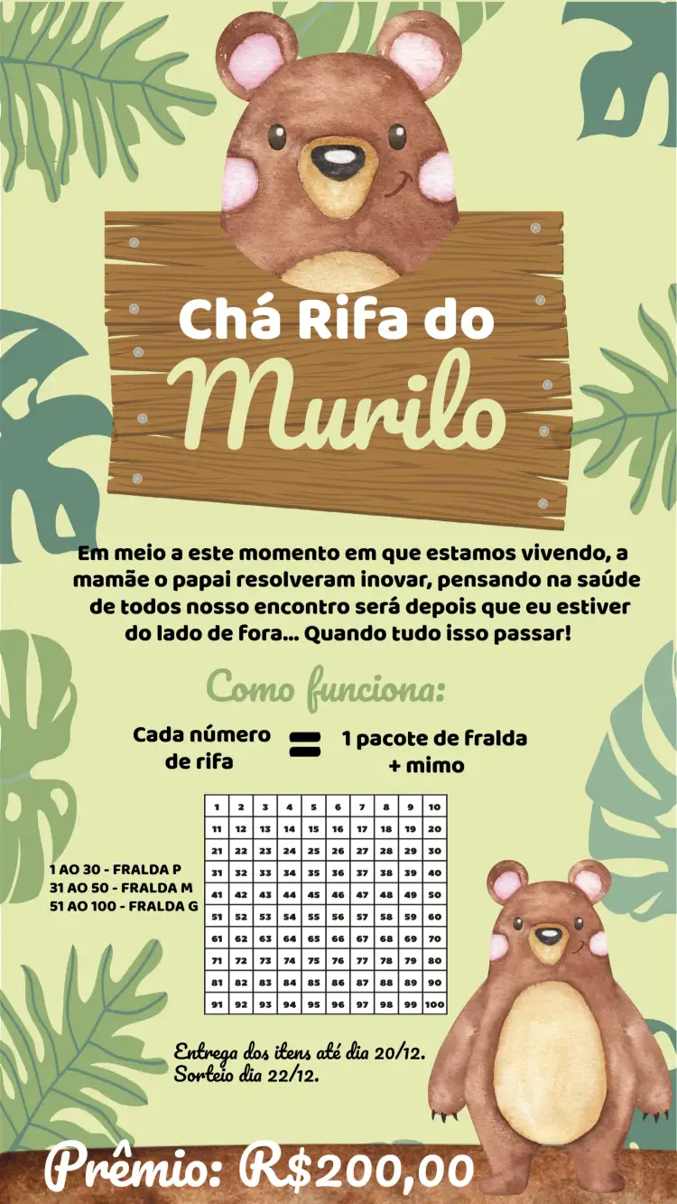 Convite Chá Rifa Ursinho 100 – tema Chá Rifa ursinho, floresta, safari, marrom e verde, infantil, divertido