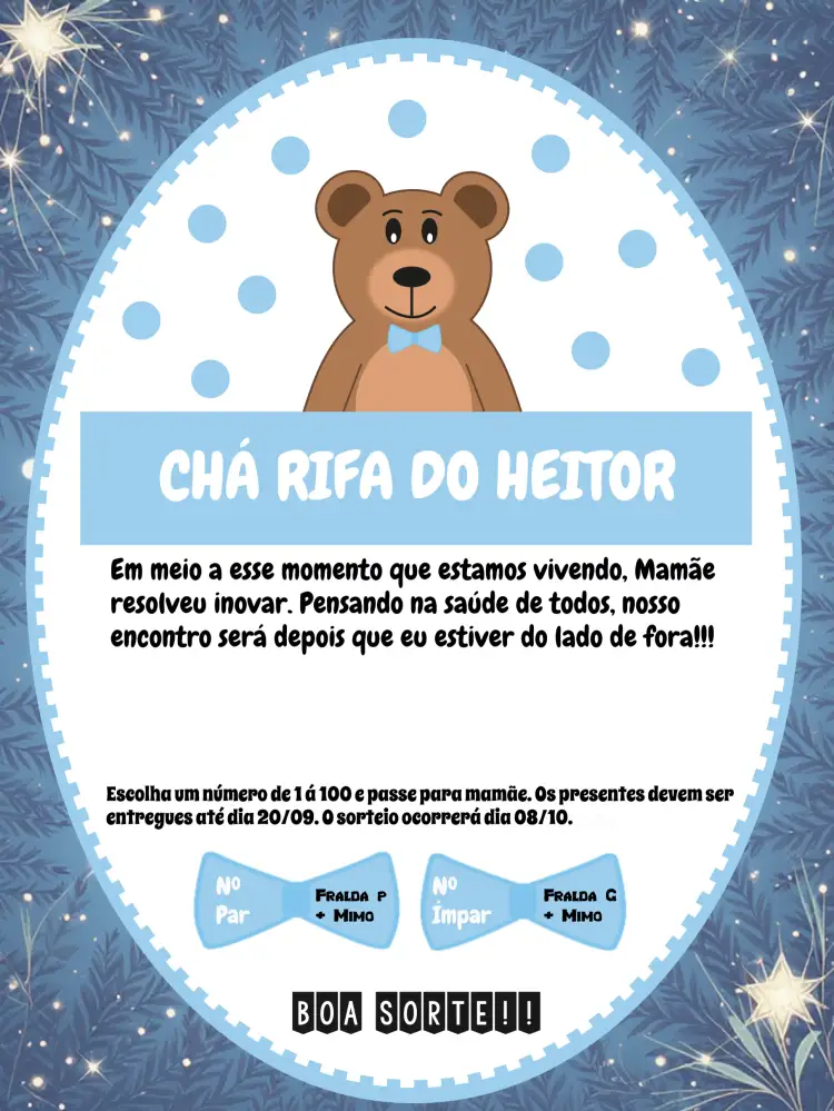 Convite Chá Rifa Ursinho Menino Poá – tema Chá Rifa azul e branco, ursinhos fofos, poá, listras, gravatinha, infantil