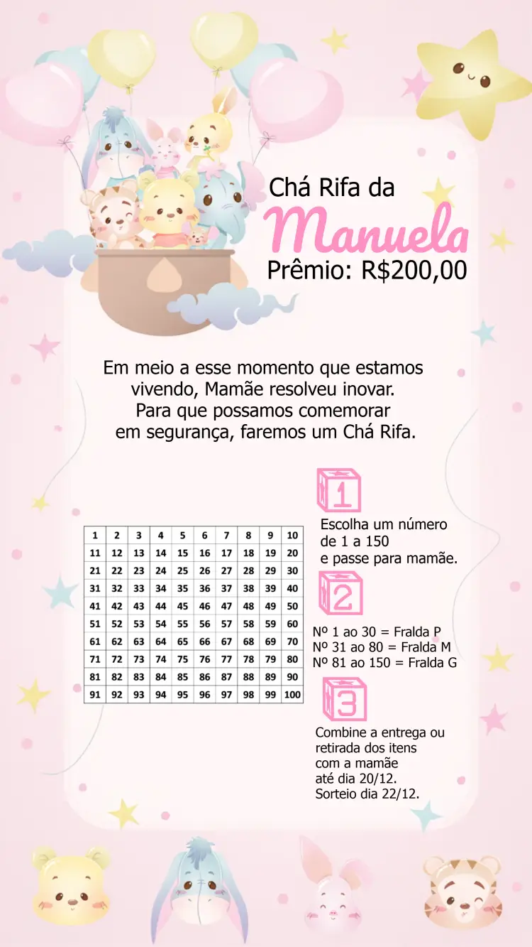 Convite Chá Rifa Ursinho Pooh Cute Balão