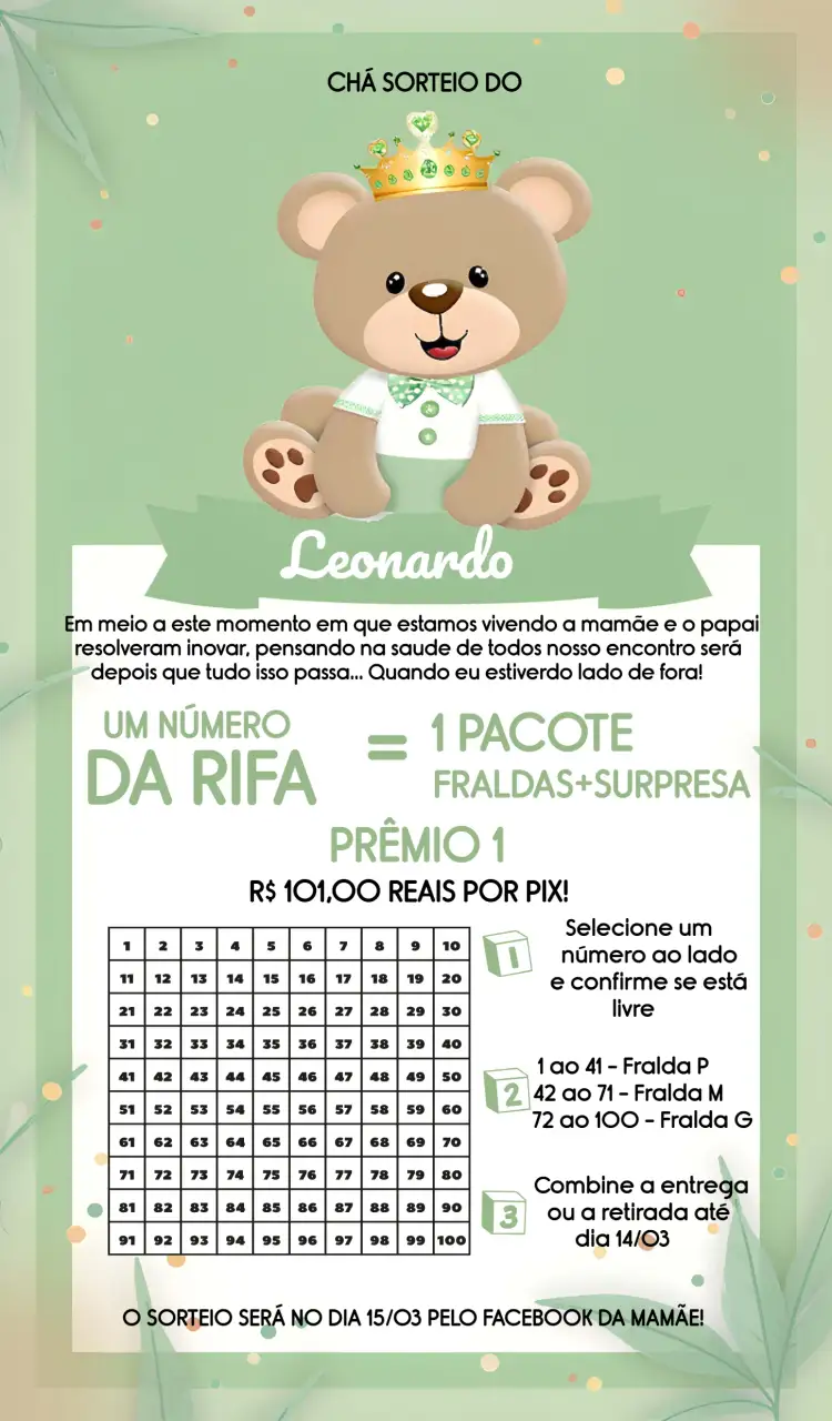 Convite Chá Rifa Ursinho Príncipe Charifa – tema Chá Rifa verde, branco, marrom, amarelo, moderno, lúdico