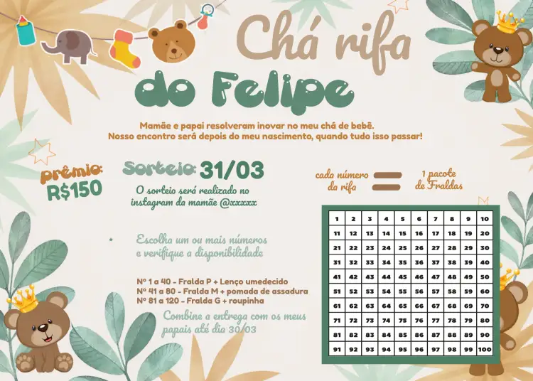 Convite Chá Rifa Ursinho Príncipe Fraldas – tema Chá Rifa azul, infantil, fofo, moderno, divertido