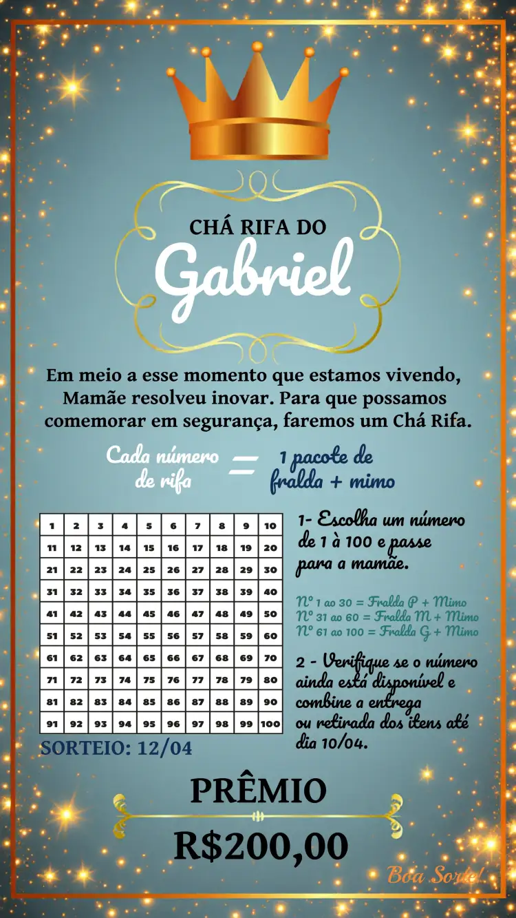 Convite Chá Rifa Ursinho Príncipe Cha – tema Chá Rifa azul, dourado, branco, ursinho, príncipe