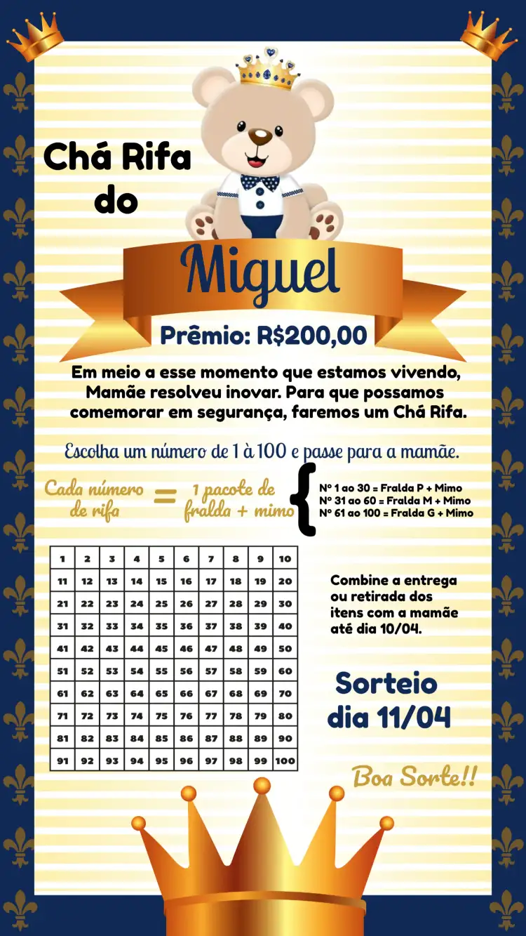 Convite Chá Rifa Ursinho Príncipe Principe.príncipe – tema Chá Rifa azul, dourado, branco, ursinho, infantil, moderno