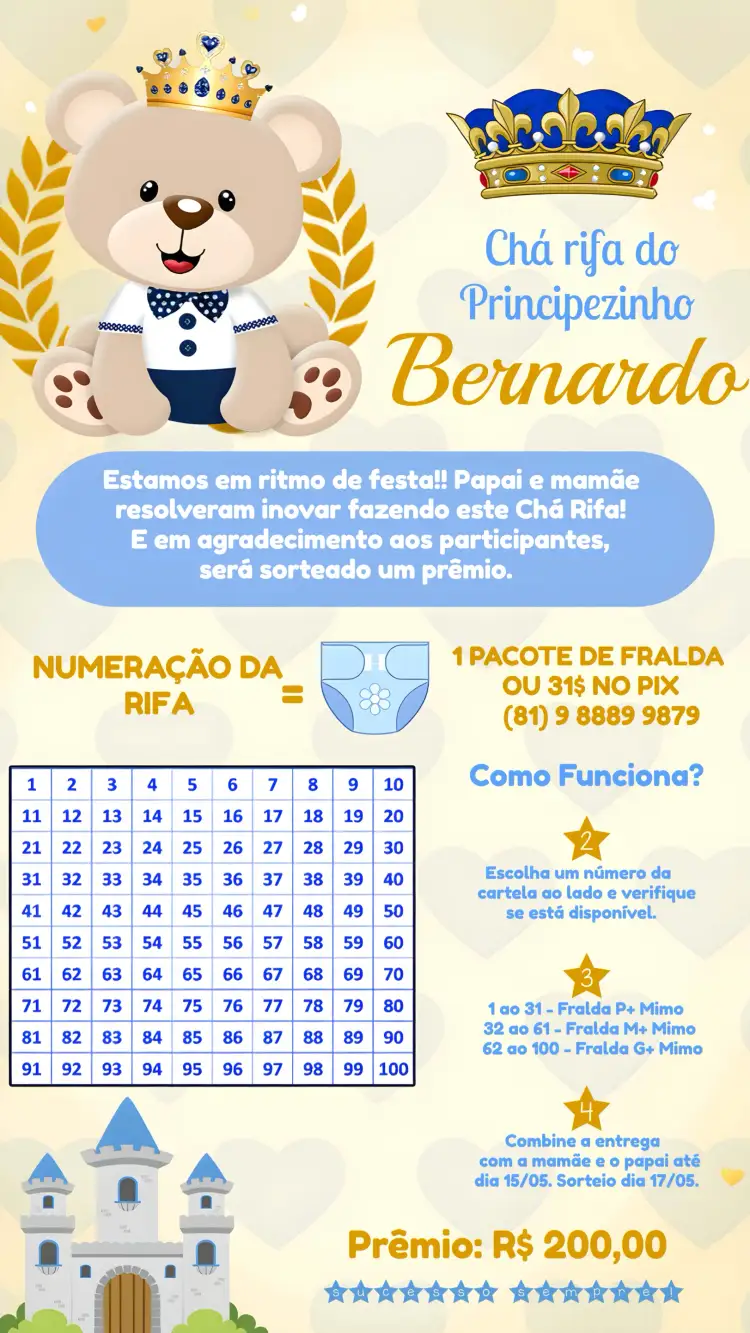 Convite Chá Rifa Ursinho Príncipe Bebê – tema Mais pesquisados azul royal, dourado elegante, ursinho fofo, elementos de realeza, detalhes em fraldas, estilo clássico