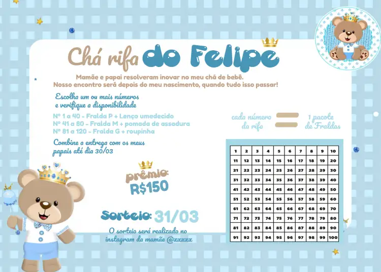 Convite Chá Rifa Ursinho Príncipe Baloeiro – tema Chá Rifa azul, lúdico, infantil, fofo, balões, ursinhos