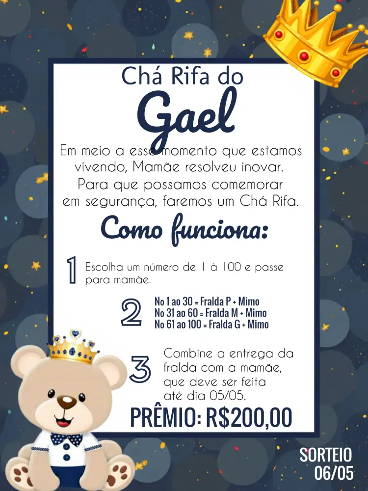 Convite Chá Rifa Ursinho Principe Principe.príncipe – tema Chá Rifa azul, branco, dourado, moderno, lúdico, infantil