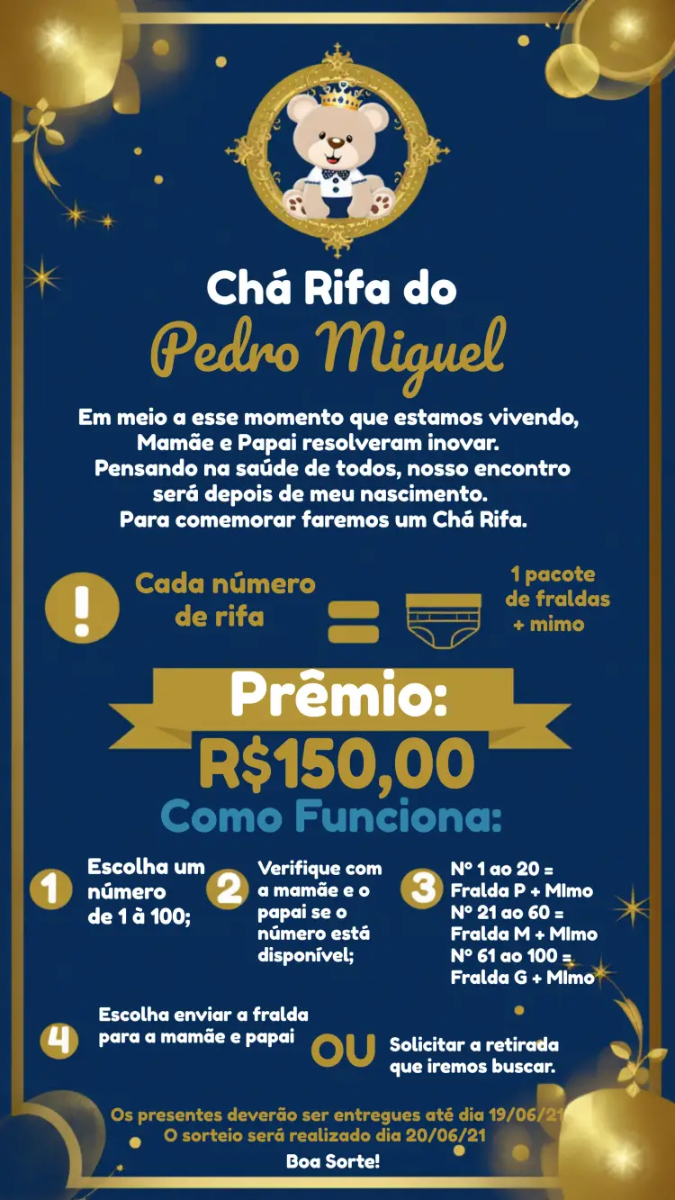 Convite Chá Rifa Ursinho Príncipe Bebe