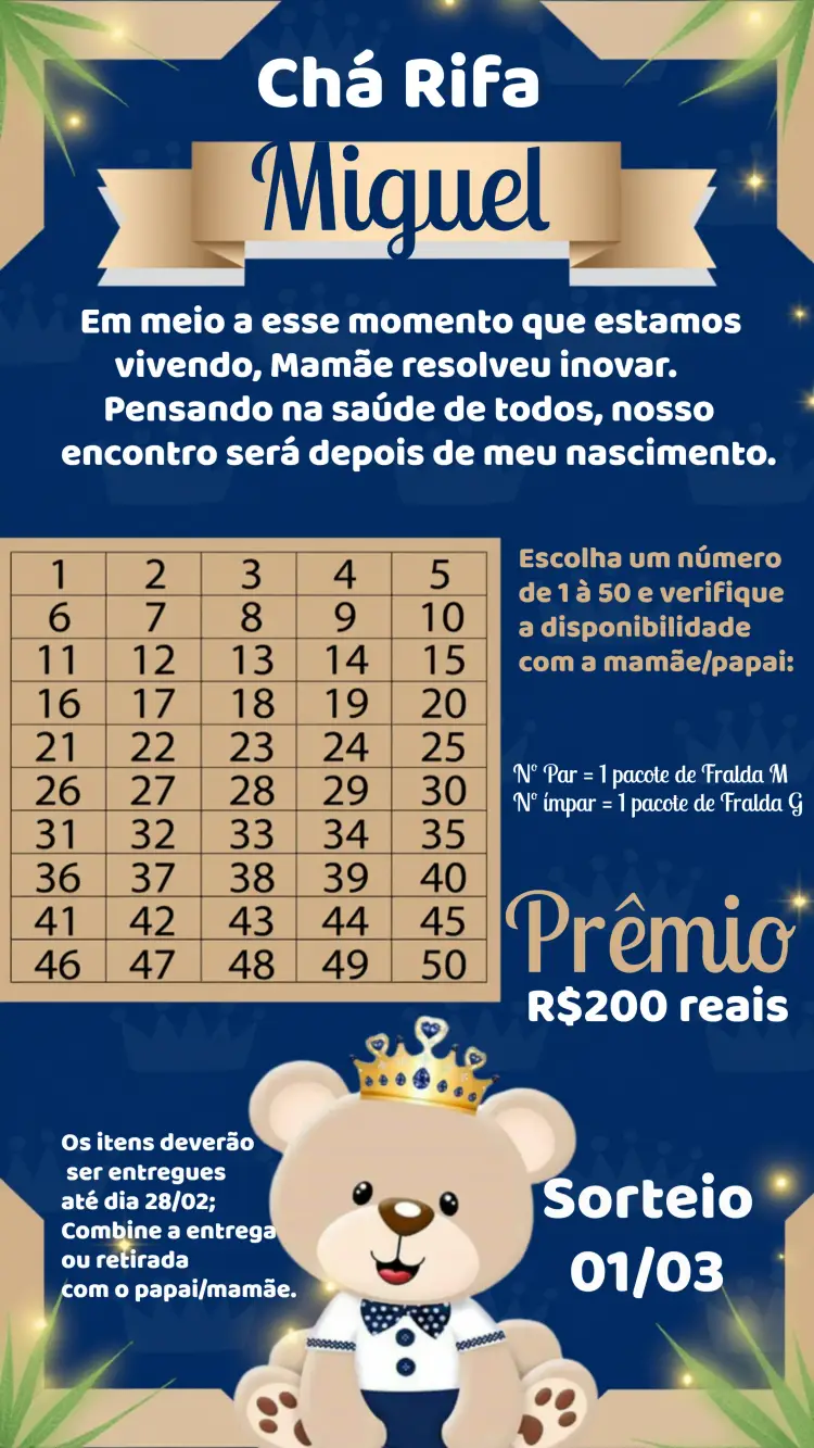 Convite Chá Rifa Ursinho Príncipe Branco