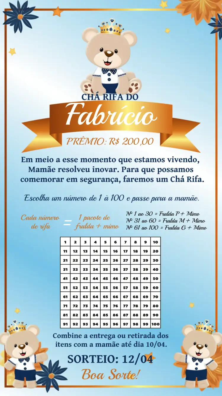 Convite Chá Rifa Ursinho Príncipe Dourado