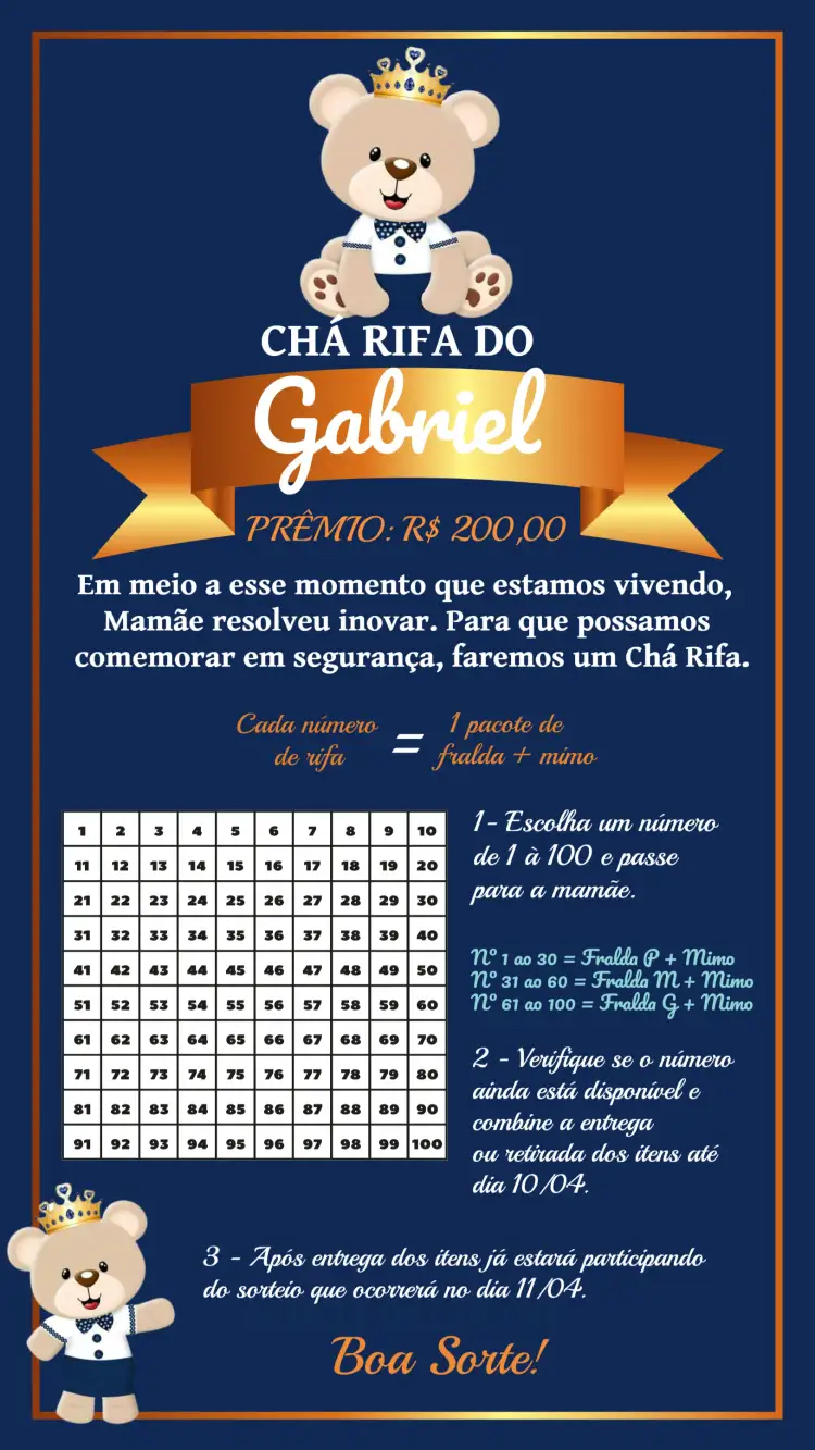 Convite Chá Rifa Ursinho Príncipe Bebe – tema Chá Rifa azul, dourado, branco, ursinho, infantil, elegante